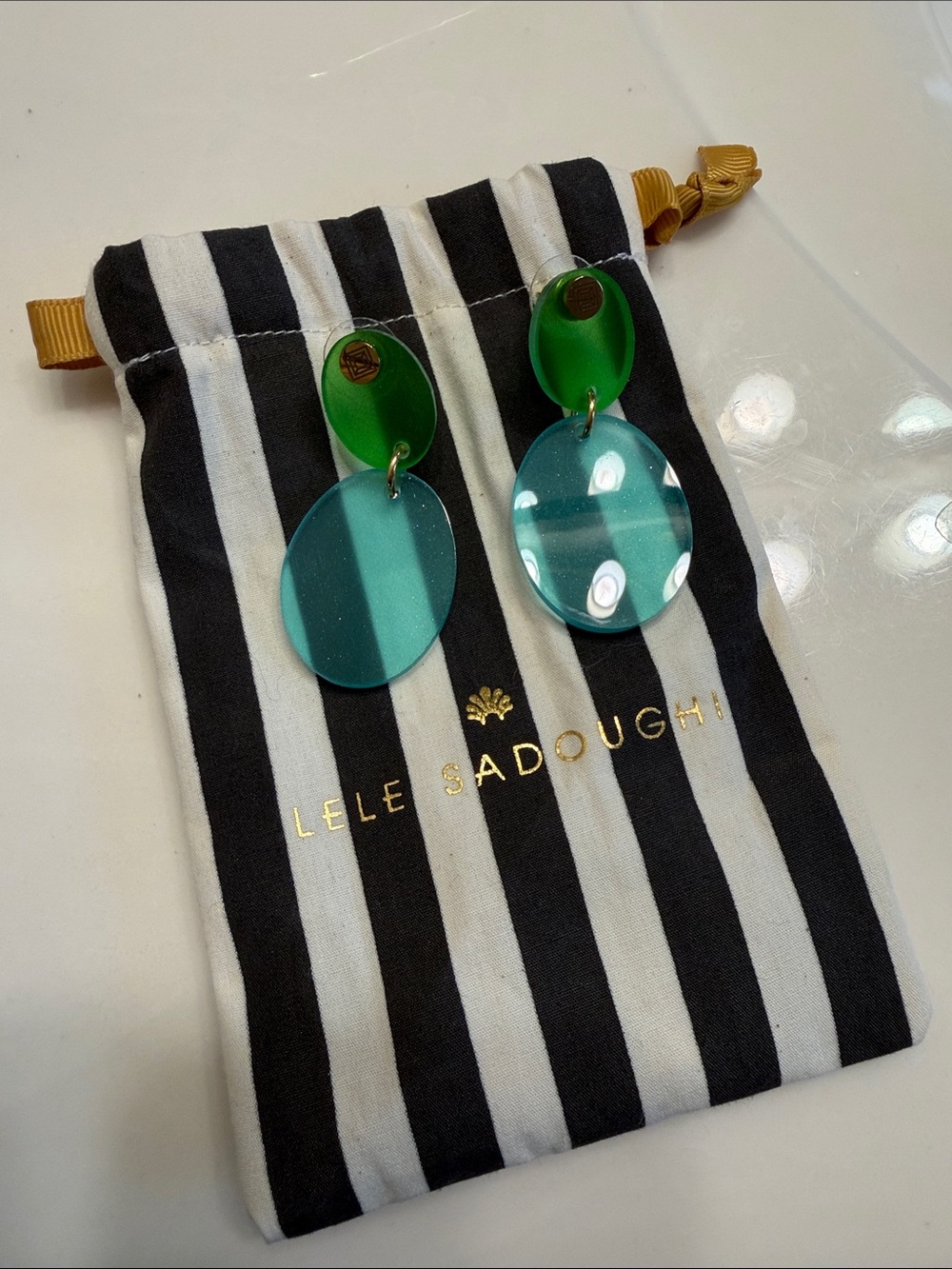 Lele Sadoughi Green and Teal Acrylic Drop Earrings